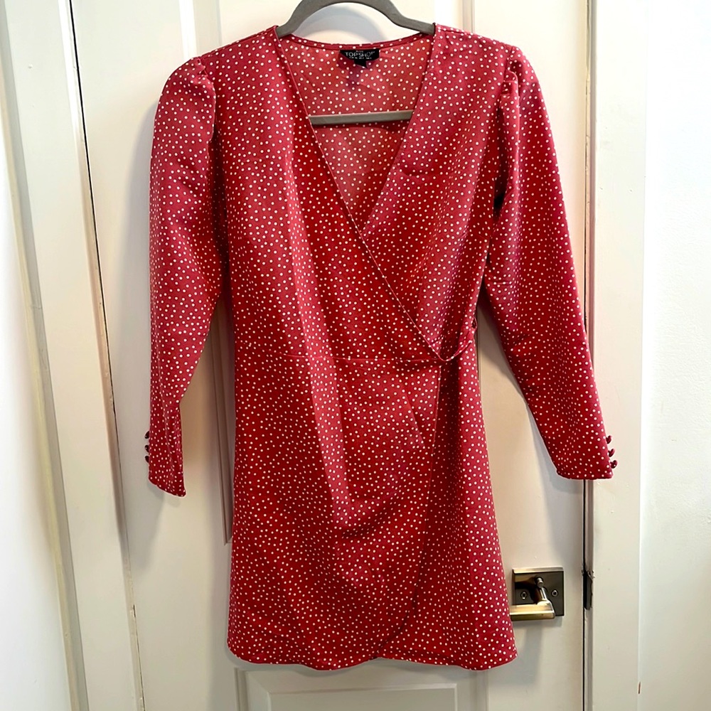 Pink polka-dot top shop wrap dress size 2 petite